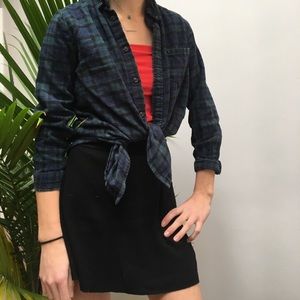 A green, black and blue plaid button down